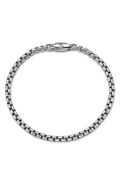 Medium-sized sterling-silver links bring understated shine to your ensemble with this gleaming box-chain bracelet masterfully crafted in the USA. 8" length Lobster clasp closure Sterling silver Made in the USA Classic Silver Cable Chain Bracelet, Classic Sterling Silver Bracelet With Cable Chain For Everyday, Classic Sterling Silver Cable Chain Bracelet For Everyday, Timeless Sterling Silver Bracelet With Rectangular Links, Timeless Sterling Silver Chain Bracelet With Polished Finish, Classic White Gold Link Tennis Bracelet, Formal Silver Oval Link Tennis Bracelet, Timeless Sterling Silver Chain Bracelet With Solid Links, Classic Box Chain Link Bracelets