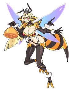 a cartoon character dressed as a bee with wings and legs, holding a bell in her hand