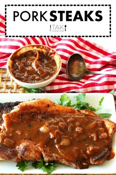 pork steaks with gravy on a white plate