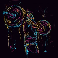 a drawing of a man lifting a barbell with colored lines on the back ground