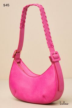 The Bold Favorite Hot Pink Shoulder Bag is the perfect way to effortlessly add a pop of color to any of your favorite looks this season! Textured faux leather shapes this too-cute bag that features a crescent silhouette with a flat bottom design and a wide adjustable shoulder strap accented with whipstitching and oversized buckles at the sides. The zippered top opens to reveal a lined interior with a sidewall zipper pocket and so much room for all your favorite essentials. Lined. Bag Measure 11. Trendy Faux Leather Satchel Baguette Bag, Trendy Faux Leather Baguette Satchel Bag, Trendy Spring Hobo Bag, Trendy Faux Leather Baguette Bag With Double Handle, Trendy Faux Leather Baguette Shoulder Bag, Trendy Faux Leather Shoulder Baguette Bag, Trendy Leather Baguette Bag With Single Handle, Trendy Crossbody Hobo Bag With Single Handle, Trendy Faux Leather Crossbody Baguette Bag