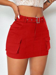 Women's Solid Color Eyelet Waist Buckle Decorated Cargo Pocket Skirt Red Casual   Polyester Plain Straight Slight Stretch  Women Clothing, size features are:Bust: ,Length: ,Sleeve Length: Plus Size Belts, Khaki Fashion, Denim Skirt Women, Cargo Skirt, Women Cargos, Skirts With Pockets, Color Khaki, Maternity Bag, All Fashion