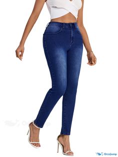 Orcajump - Washed Blue Mid Rise Skinny Jeans, Solid Color Medium Strech Slash Pocket Denim Pants, Basic Versatile Pants For Every Day, Women's Denim Jeans & Clothing Slim Stretch Denim Pants, Stretch Slim Denim Pants, High Waist Denim Jeggings With Pockets, Dark Wash High Waist Slim Fit Pants, Slim Denim Pants With Pockets, High Waist Slim Fit Dark Wash Pants, Trendy Dark Wash Slim Bottoms, Dark Wash High Waist Slim Fit Bottoms, High Waist Slim Fit Denim Bottoms