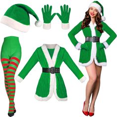 a woman dressed in green and white christmas costumes