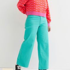 Brand New With Tags. Turquoise/Green Color Trendy Green Trousers Jeans, Green Relaxed Fit High-waisted Jeans, Chic Green Cotton Jeans, Green High-waisted Jeans For Work, Green Straight Jeans For Workwear, Vibrant Wide Leg Spring Pants, Vibrant Wide Leg Pants For Spring, Trendy Fall Bottoms By H&m, Vibrant Green Bottoms For Summer