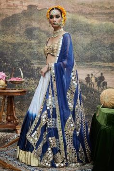 White, blue attached cancan lehenga featuring ombre effect with gota work in stripe pattern. Paired with  a mirror and gota embroidered blouse. Comes with a mirror work detailed red dupatta. - Aza Fashions Blue Pre-draped Saree With Gota Work For Reception, Blue Pre-draped Saree With Gota Work For Navratri, Designer Blue Pre-draped Saree With Gota Work, Blue Pre-draped Saree With Gota Work, Blue Pre-draped Saree With Gota Work For Wedding, Blue Traditional Drape Lehenga For Festival, Blue Traditional Festival Lehenga, Blue Traditional Wear For Wedding Festival, Wedding Lehenga With Sheer Dupatta For Festival