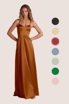 a woman in a brown dress standing next to an assortment of color swatches and colors