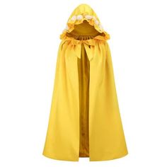 a child's yellow cape with white flowers on the top and bottom, in front of a white background