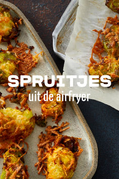 two trays filled with different types of food on top of each other and the words sprouts written in french above them