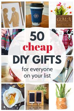 the words 50 diy gift ideas under $ 10 are surrounded by pictures and photos