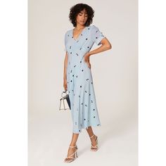 Blue printed crepe (98% Polyester, 2% Elastane). Hourglass. Short sleeves. V-neckline. Hidden center back zipper with hook-and-eye closure. Fully lined. 48.5" from shoulder to hemline. Imported. Printed V-neck Midi Dress For Evening, Formal Printed V-neck Dress, V-neck Printed Midi Dress For Daywear, Summer Printed Dresses For Work, Printed Summer Dresses For Work, Summer Printed Dresses For Workwear, Printed V-neck Midi Dress For Daywear, Summer Evening Midi Dress With Notched Neckline, Blue Viscose V-neck Midi Dress