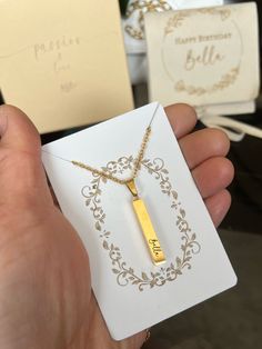 This is a lovely bar necklace/necklace that you can personalize with your wish. Add name, date, coordinate, and initials with symbols, making it a unique gift to keep your memories with you. The colour options for this minimal, beautiful and classic necklace are gold silver and rose gold. How to order? Make it unique with your wishes with the personalization box. Chose colour, font, alignment and add your text for engraving. You are ready to add it to the cart and proceed to checkout. Production: 1-2 business day Bar necklace weight: 8.0g, Bar pendant size: 40mm x 10mm, Chain length: 560mm Vertical bar necklace weight: 10.0g, Bar pendant size: 29mm x 5mm, Thickness: 5mm, Chain length: 450mm. Color: gold, silver, rose gold Made of high-quality 304 stainless steel electroplating, better text Personalized Square Pendant Jewelry For Everyday, Everyday Personalized Square Pendant Jewelry, Elegant Customizable Rectangular Name Necklace, Personalized Square Pendant Charm Necklace As Gift, Rectangular Adjustable Charm Necklaces For Gifts, Personalized Rectangular Charm Necklaces For Anniversary, Personalized Charm Necklaces With Rectangular Pendant, Personalized Rectangular Charm Necklace For Anniversary, Elegant Name Necklace With Rectangular Pendant