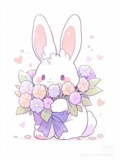 a cartoon bunny with flowers in it's lap