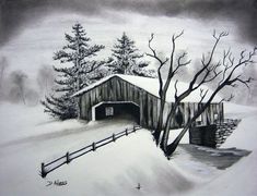 a drawing of a barn in the snow with a tree and fence around it's perimeter