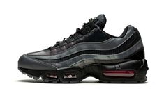 The Nike Air Max 95 Lv8 is a unique style with a mix of leather, mesh, and neoprene materials clad in textured patterns and solid hues.  The lifestyle footwear model has a lot going on with grid-like pattern on the nylon, as well as glossy and iridescent panels.  Set in a darker palette, dark grey and black dominate the color scheme.  A red Air unit finishes off the slick Nike Air Max 95 Lv8 design. Buy Nike Shoes, Glitter Sneakers, Loafer Sneakers, Stadium Goods, Nike Air Max 95, Air Max 95, Jumpsuit Shorts Rompers, The Lifestyle, New Sneakers