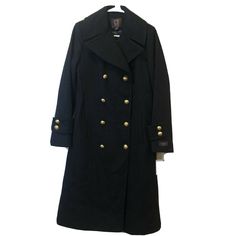 NWT Anne Klein Double Breasted Long Black Peacoat with Gold Buttons - Size: 6. 44inches Back to Bottom C13 Military Style Pea Coat With Double Button Closure, Fitted Long Sleeve Double-breasted Peacoat, Black Long Outerwear With Button Closure, Fitted Long Winter Pea Coat, Fitted Long Peacoat With Button Closure, Fitted Long Pea Coat For Winter, Black Double-breasted Peacoat For Winter, Black Double-breasted Military Outerwear, Long Black Outerwear With Buttons