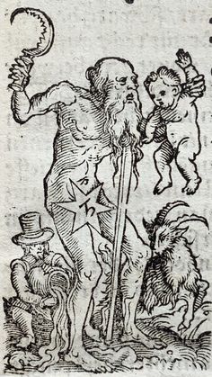 an old book with a drawing of a man holding a staff and two other men