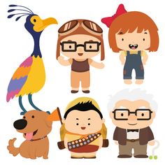 an image of people with animals and birds in the style of cartoon characters stock photo