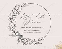 the logo for hand drawn illustrations with pine cones and leaves on white paper, surrounded by gold glitter