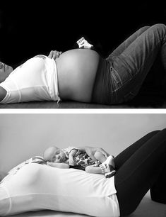 a pregnant woman laying on the floor with her baby