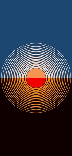 an orange and red circle on a black background with blue sky in the back ground