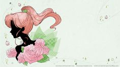 a drawing of a girl with long hair and pink roses