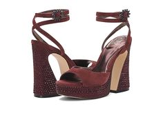 Vince Camuto Inna - Women's Shoes : Crimson : Add a refined and polished touch to your overall attire by slipping into the Vince Camuto Inna sandals. Suede upper. Synthetic lining with cushioned footbed. Open almond toe silhouette. Sky-high block heel. Rhinestone embellishment on the midsole and heel. Ankle-wrap silhouette with adjustable buckle closure on it. Durable synthetic outsole. Imported. Measurements: Heel Height: 4.5, Platform Height: 1.2, Weight: 0.36 oz. Weight of footwear is based o Chic Embellished Sandals With Block Heel, Block Heel Embellished Sandals For Night Out, Glamorous Leather Sandals With Stacked Heel, Embellished Block Heel Sandals For Night Out, Embellished Sandals With Block Heel For Night Out, Night Out Sandals With Removable Insole And Block Heel, Sandals With Removable Insole For Night Out, Block Heel, Elegant Embellished Wedge Heel Sandals, Chic Embellished Wedge Heels