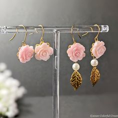 💕Dainty Baby Pink Rose Dangle Earrings / Pink Rose with Gold Leaf Dangle Earrings/ Small Gift Box and Bag included 💕 🌹Rose🌹  The Birth Flower of June Its flower language is "love and romance" and PINK ROSE symbolizes gratitude, grace, admiration, and joy.  100% Brand New This listing is for ONE pair of Baby Pink Rose Dangle Earrings (with leaf or no leaf). Suitable for any occasion, these elegant earrings will emphasize your unique style. Ideal gift for yourself or loved one!  📍Material : Feminine Pink Jewelry With Rose Design, Elegant Pink Flower Earrings For Valentine's Day, Pink Elegant Flower Earrings For Valentine's Day, Pink Rose Design Flower Earrings For Valentine's Day, Pink Rose Design Earrings For Valentine's Day, Pink Rose Design Dangle Jewelry, Pink Rose Design Flower Earrings For Party, Pink Flower Earrings For Wedding And Valentine's Day, Pink Dangle Jewelry With Rose Design