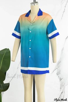 Olivia Mark - Camisa informal contemporánea con diseño patchwork estampado en verde y cuello clásico Multicolor Contrast Color Tops For Summer, Green Summer Top With Contrast Color, Blue Short Sleeve Tops With Contrast Color, Blue Short Sleeve Color Block Shirt, Blue Color Block Short Sleeve Shirt, Color Block Relaxed Fit Tops For Summer, Relaxed Fit Color Block Tops For Summer, Casual Button-up Tops With Contrast Color, Casual Contrast Color Button-up Tops