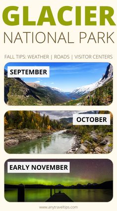 the glacier national park is shown in three different colors and font, along with an image of