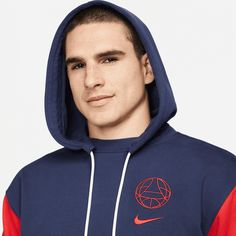 Nike 2023-24 PSG Men's Standard Issue HoodiePlay in it, work in it, cheer in it, live in it. With sweat-wicking technology, minimalist team details and a loose, relaxed fit, this PSG hoodie helps you warm and comfortable way beyond the 90-minute mark. Nike Dri-FIT technology moves sweat away from your skin for quicker evaporation, helping you stay dry and comfortable. Zippered front pocket lets you stash your essentials. 61% COTTON 39% POLYESTER Psg Hoodie, Nike Soccer, Nike Brand, Soccer Fans, Paris Saint, Nike Store, Paris Saint-germain, Saint Germain, Nike Zoom