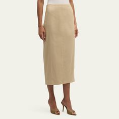 Veronica Beard "Kimpton" linen-blend midi skirt Mid-rise; sits high on the hip Pencil style Center back vent Back zip  Linen/viscose/elastane Lining: Polyester Dry clean Imported Chic Fitted Maxi Skirt For Daywear, Modern Fitted Maxi Skirt For Spring, Elegant Cotton Pencil Skirt Bottoms, Elegant Cotton Pencil Skirt, Fitted Beige Maxi Skirt For Daywear, Spring Workwear Linen Maxi Skirt, Cotton Fitted Midi Pencil Skirt, Beige Fitted Midi Length Pencil Skirt, Fitted Beige Midi Length Pencil Skirt