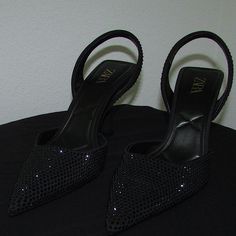 Zara | Black Satin Sparkly Sling-Back Heels Embellished With Rhinestones And A Pillow Padded Ball And Heel Insert. Kitten Heel Height, Perfect For Maxi Skirts, Midi Dresses Or Jeans. They Can Be Dressed Up With A Formal Dress Or Down With Jeans And A Pretty Top. Never Worn, No Tags On. Zara Elegant Kitten Heels For Formal Occasions, Party Kitten Heels With 4-inch Slingback, Elegant Zara Slingback Pumps With 4-inch Heel, Zara Almond Toe Heels With 4-inch Heel, Zara Evening Slingback Pumps With 4-inch Heel, Clear Heel Shoes, Black Pointed Toe Heels, Feminine Shoes, Zara Heels