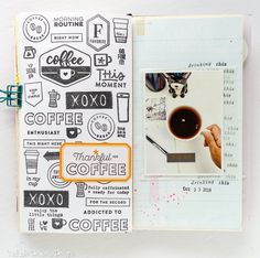 an open notebook with coffee related images on the cover and words written in black ink