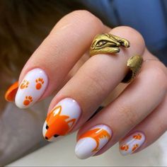 Nail Art Fox Design, Cute Fox Nail Designs, Thanksgiving Nail Art, Thanksgiving Nail