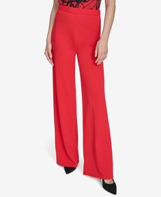 in stock Red Stretch Full-length Pants, Red Stretch Full Length Pants, Full-length Red Elastane Pants, Casual Red Elastane Bottoms, Full Length Red Pants, Red Full-length Elastane Pants, Chic Red Wide Leg Full Length Pants, Chic Red Wide Leg Bottoms, High Waist Red Bottoms