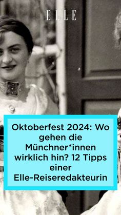 two women standing next to each other in front of a door with the words oktoberfest