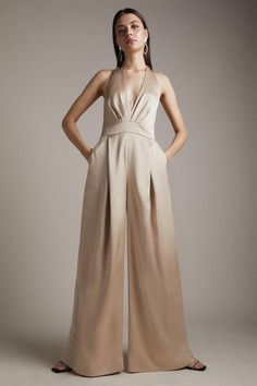 Bridesmaid Jumpsuit, Halter Neck Gown, Champagne Bridesmaid, Halter Neck Jumpsuit, Evening Jumpsuit, Winter Evening, Satin Jumpsuit, Ladies Clothes Fashion