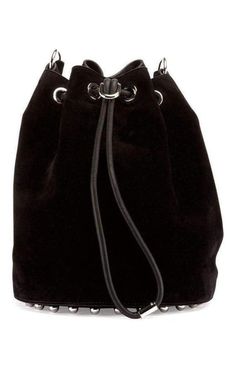 A ring of polished metal dome studs traces the circular base of a lush suede bucket bag topped with a studded shoulder/crossbody strap.Polished silvertone hardware. Lined with black and white checked fabric. Zip pocket and slip pocket at interior. Adjustable flat suede strap with leather shoulder rest. Drawcord closure.Smooth soft suede, classic bucket silhouette.100% Leather9"W x 10"H x 9"D. (Interior capacity: large.)18" - 21" crossbody strap drop. Trendy Evening Bucket Bag With Metal Hardware, Chic Black Studded Shoulder Bag, Formal Black Shoulder Bag With Studs, Evening Bucket Shoulder Bag With Snap Closure, Black Bucket Bag With Palladium Hardware, Evening Crossbody Bucket Bag With Silver-tone Hardware, Checked Fabric, Valentino Rockstud, Large Bag