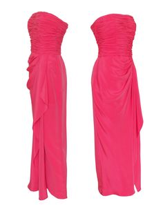 "This vintage Loris Azzaro evening gown is made of a bright pink jersey and features a fitted bodice with light boning and beautifully gathered and pleated fabric that is hand stitched into place. Perfectly draped fabric forms the skirt. The dress closes with a hidden back zipper and a metal hook and eye. No material tag, probably 100% silk. Made in France. The reference picture shows Marisa Berenson in a very similar Loris Azzaro dress. Photo by Michael Holtz, 1972. Condition Excellent. Size No Fitted Pleated Evening Dress In Pre-draped Style, Fitted Maxi Dress With Folds For Evening, Pink Evening Dress With Pleated Fitted Bodice, Fitted Pre-draped Maxi Dress With Folds, Fitted Maxi Dress With Folds For Cocktail, Pink Stretch Maxi Dress For Formal Occasions, Pink Evening Dress With Ruched Bodice For Gala, Pink Pre-draped Maxi Dress For Cocktail, Stretch Ruched Floor-length Evening Dress