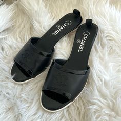 Chanel Logo Sandals Pvc Brand New Size Eu 39 Runs Small, Normally Size 8 But These Fit Unworn, Ended Up Buying A Different Color Shoes Chanel, Chanel Logo, Chanel Black, Chanel Shoes, Black Logo, Women's Shoes Sandals, New Color, Shoes Sandals, Chanel