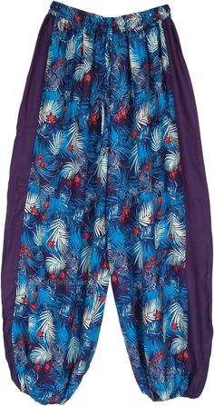 Soft hippie harem pants in an exotic island vacation vibes print complemented with a blue stripe running on the sides.  These pants have a fun elastic cuffed ankle and an elastic waist with a drawstring. #tlb #SplitSkirtsPants #vacationclothing #beachwrap #Floral #Printed #fashiondeal #HaremPants #CasualPants #BeachPants #VacationPants Beach Season Harem Pants With Elastic Waistband, Blue Tropical Print Beachwear Bottoms, Blue Tropical Print Bottoms For Beach Season, Blue Tropical Print Summer Bottoms, Blue Harem Pants For Beach In Spring, Tropical Bottoms With Elastic Waistband, Tropical Long Pants With Elastic Waistband, Blue Summer Harem Pants With Elastic Waistband, Bohemian Blue Pants For Beach Season