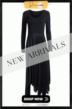 Pure Black V-neck Women Simple Irregular Bottom Dress Asymmetrical Black Maxi Dress For Fall, Black Asymmetrical Maxi Dress For Fall, Fall Evening Asymmetrical V-neck Dress, Black Fall Dress With Asymmetrical Neckline, Black Dress With Asymmetrical Neckline For Fall, Elegant Fall Dress With Handkerchief Hem, Elegant Handkerchief Hem Fall Dress, Black Asymmetrical V-neck Dress For Night Out, Chic Black Asymmetrical V-neck Dress