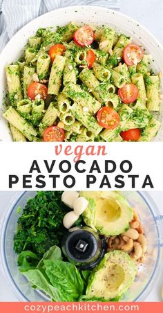 avocado pesto pasta in a bowl with tomatoes and spinach