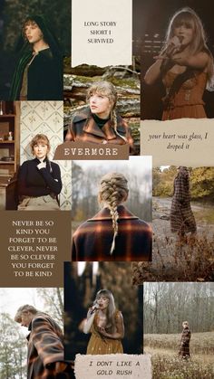 a collage of photos with the words evermore written in different languages and pictures