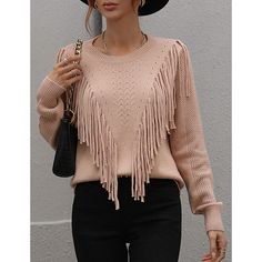 Khaki Solid Long Sleeve Knit Sweater with Tassels Casual Fall Sweater With Tassels, Winter Knit Sweater With Tassels, Trendy Fringe Sweater For Fall, Long Sleeve Knit Sweater With Tassels, Casual Fringe Sweater For Fall, Beige Long Sleeve Sweater With Fringe, Casual Winter Sweater With Tassels, Casual Knit Sweater With Tassels, Beige Fringe Casual Sweater