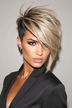 Undercut Pixie Bob Black Women, Grey Mohawk Women, Spiked Bob Haircut, Edgy Hairstyles For Medium Hair, Hippy Short Hair, Short Shaved Side Hairstyles, Long On Top Short On Sides Women Haircut, Pixie Haircut Undercut Shaved Sides, Short Hair For 50 Year Old Women