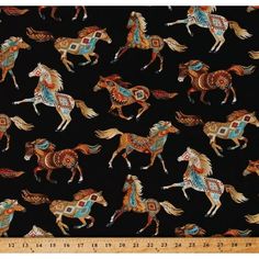 a black background with colorful horses on it