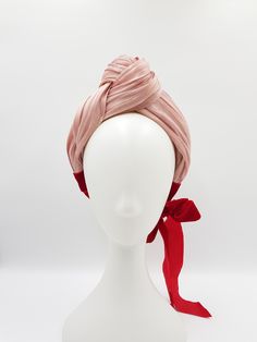 Silk abaca turban style headpiece with red velvet ribbon. Designed and made by Alanna Jane Millinery. Turban Colour, Turban Headband Hairstyles, Turban Headband Tutorial, Headband Halo, Hair Headpiece, Baby Turban Headband, Extra Wide Headband, Knot Turban Headband, Headband Diy