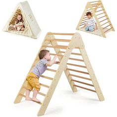 two children playing in a wooden play set